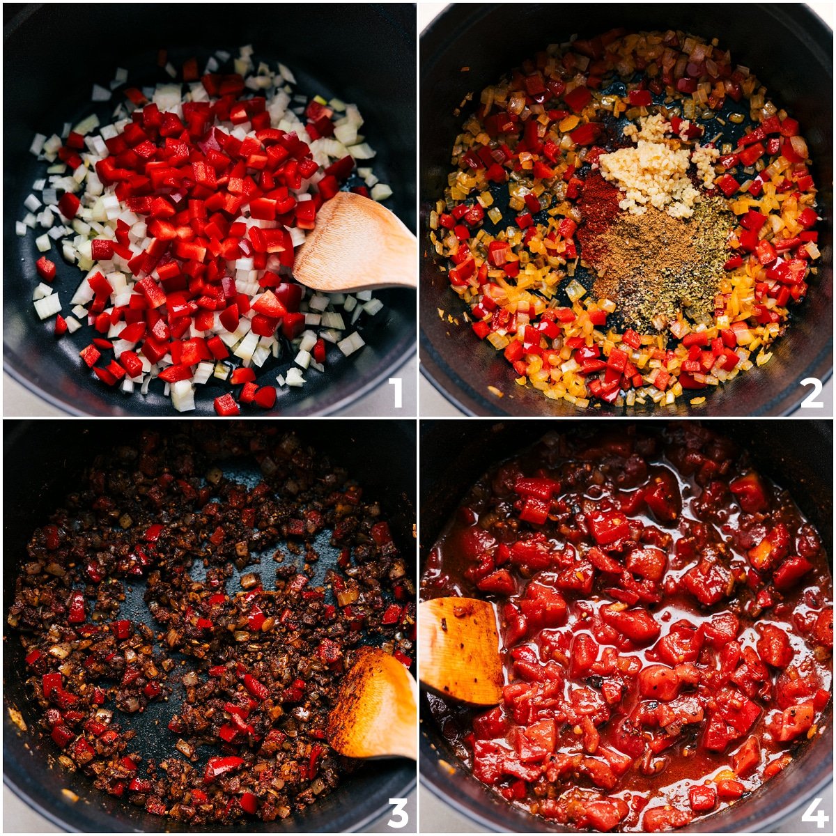 Sautéing veggies with seasonings, then adding tomatoes for this vegetarian chili.