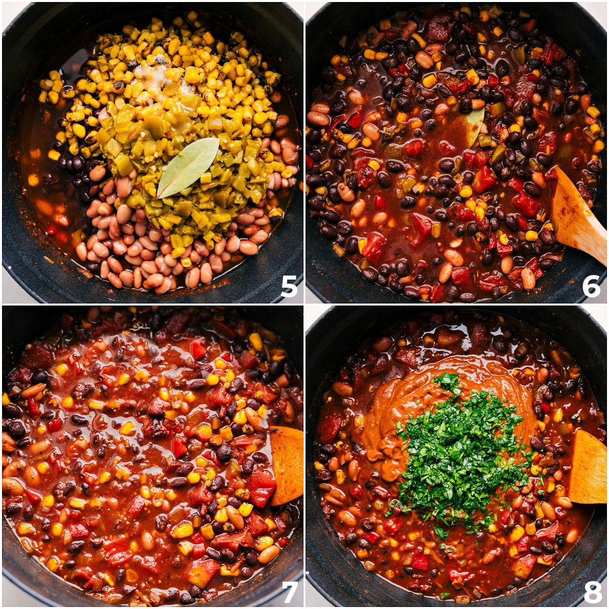 Beans, chiles, and broth go in, then simmer together. Half the mixture gets blended for a great consistency.