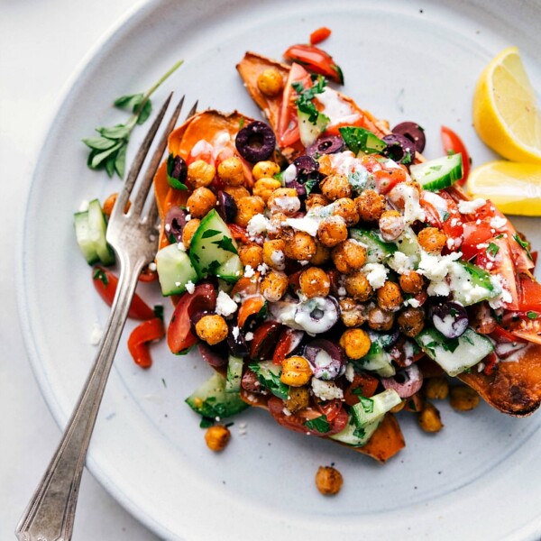 Mediterranean Sweet Potatoes with delicious dressing, a colorful and healthy meal.