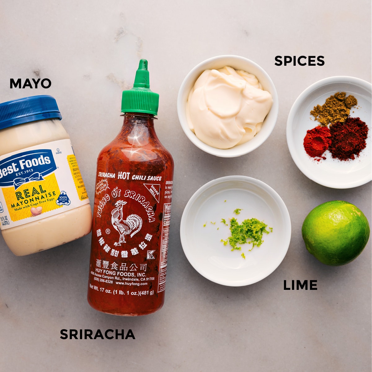 Prepare the sauce ingredients for topping this dish: mayo, sriracha, lime, and spices.