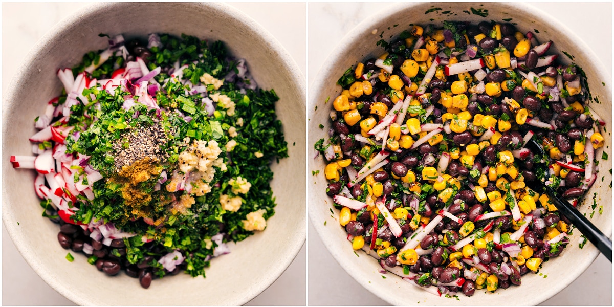 Combine the beans, corn, herbs, seasonings, garlic, and radishes to make the Southwestern mix.