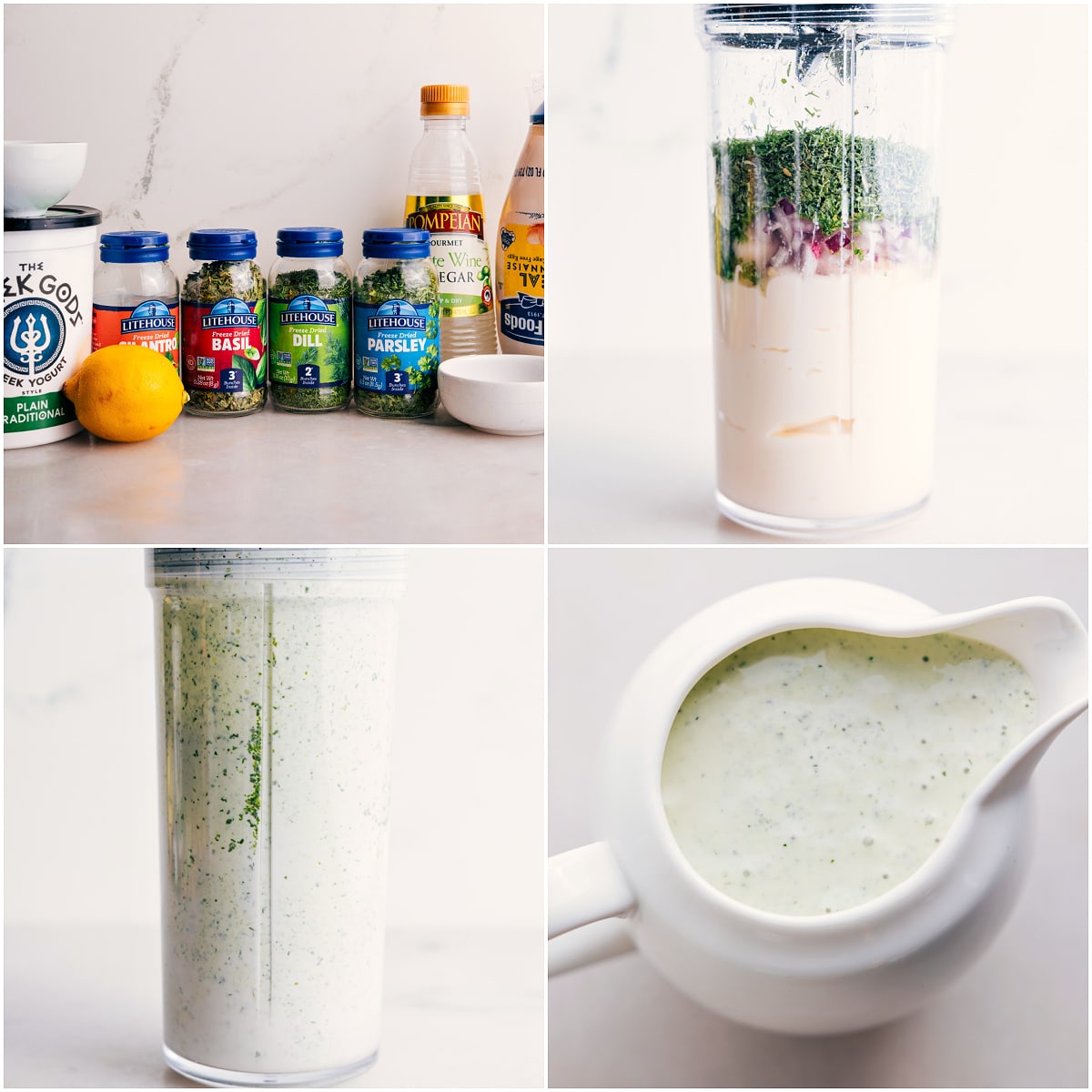 Prep all the dressing ingredients and blend to make this green goddess dressing for drizzling over the dish.