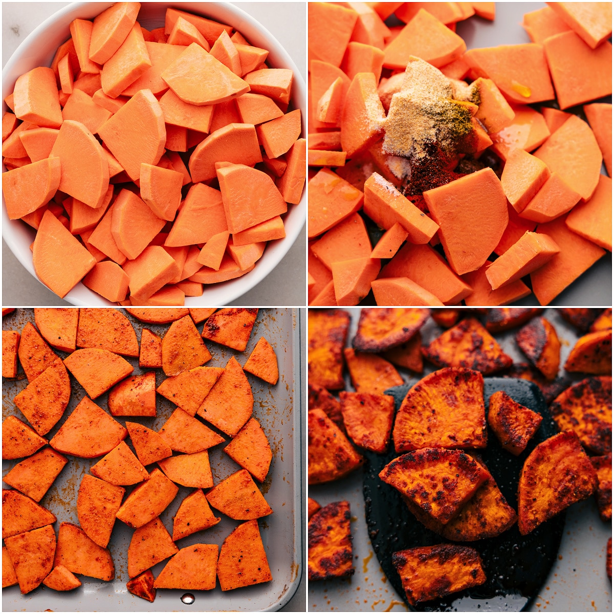 Season and roast sweet potatoes for these BBQ chicken bowls.