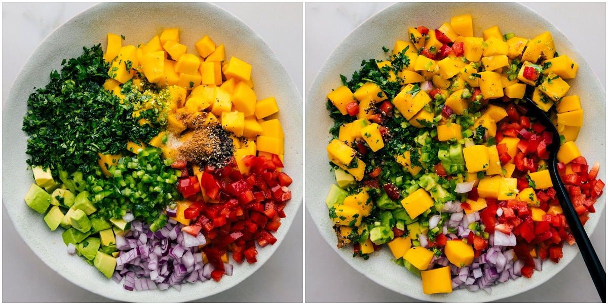 The mango salsa being mixed together in a bowl.