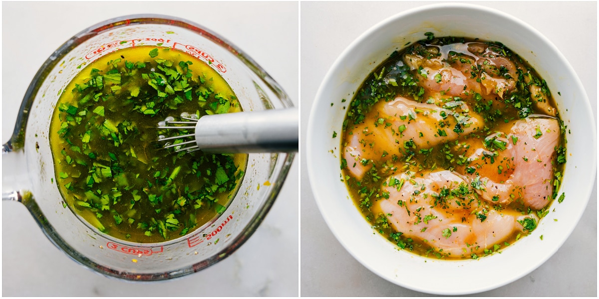 The marinade being whisked together and added to the chicken for this cilantro lime chicken recipe.