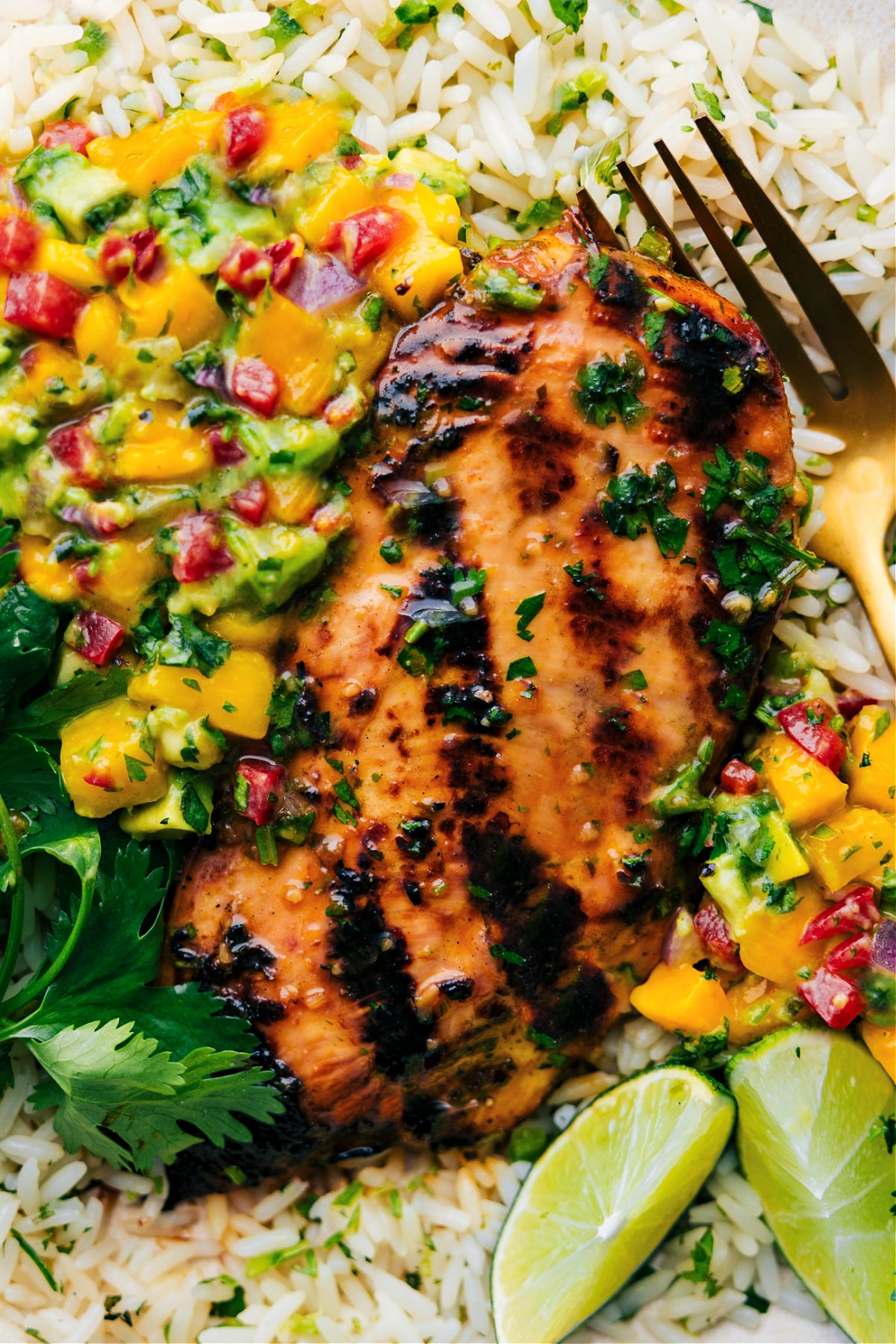 The Cilantro Lime Chicken on a bed of rice with fresh mango salsa on it ready to be enjoyed.