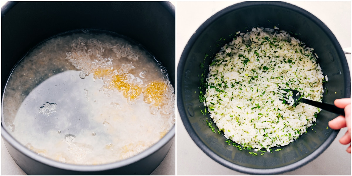 The cilantro lime rice being made in a pot to go with the cilantro lime chicken.