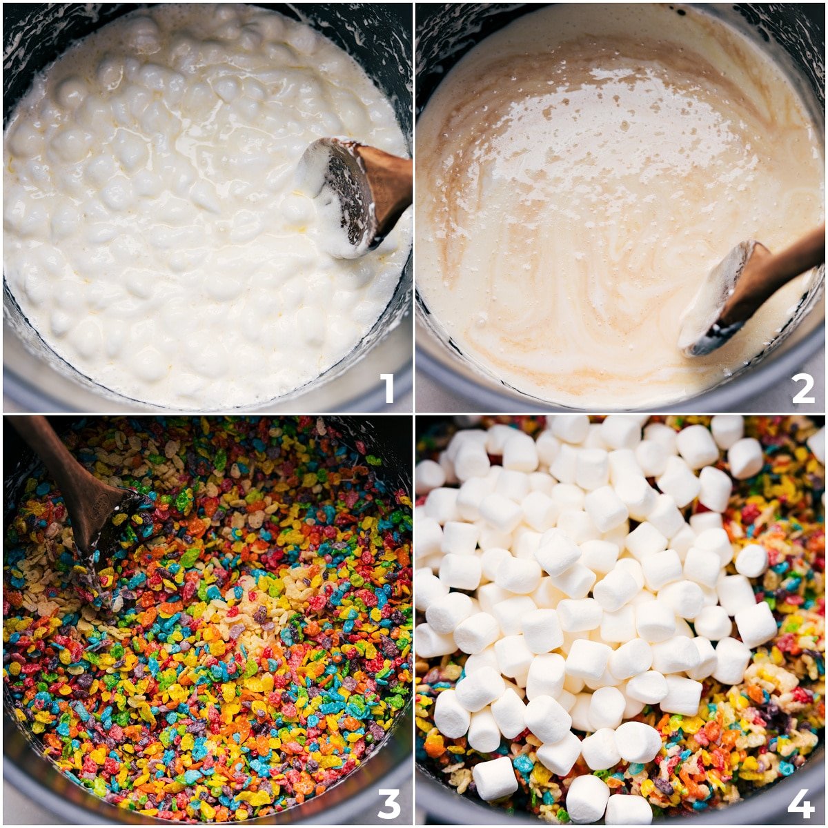 The marshmallow mixture being melted together and the fruity pebbles being added in along with more marshmallows for this fruity pebble rice krispie treat recipe.