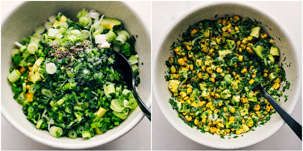 The Mexican street corn topping mixed together in a bowl.