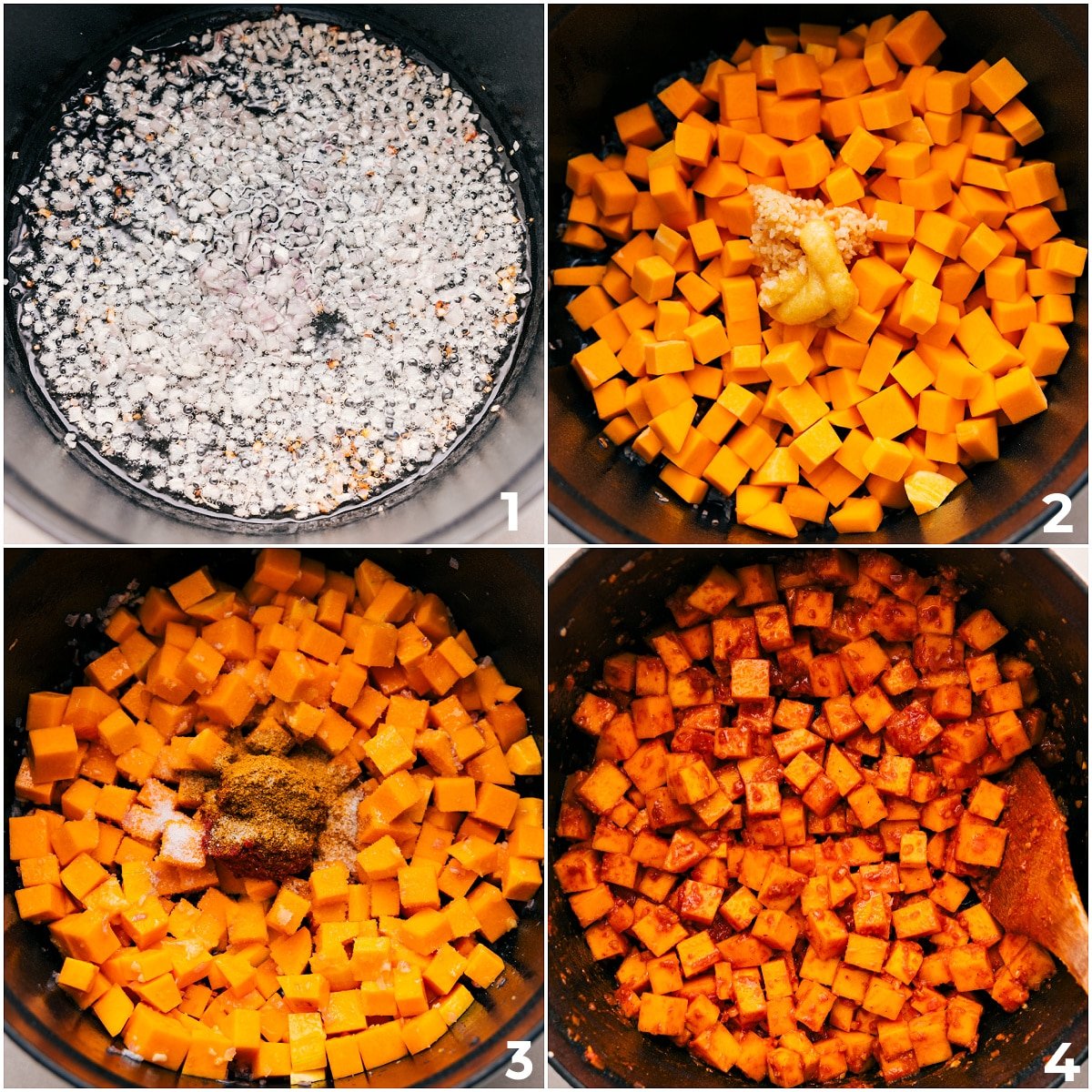 Sauté the shallots, then add the butternut squash, garlic, ginger, seasonings, and tomatoes to the pot for this butternut squash curry.