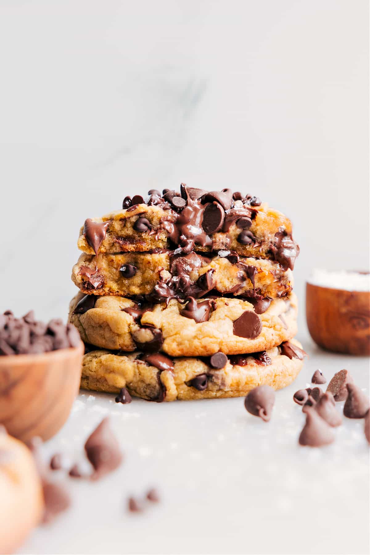 Stacked Bakery-Style Chocolate Chip Cookies.