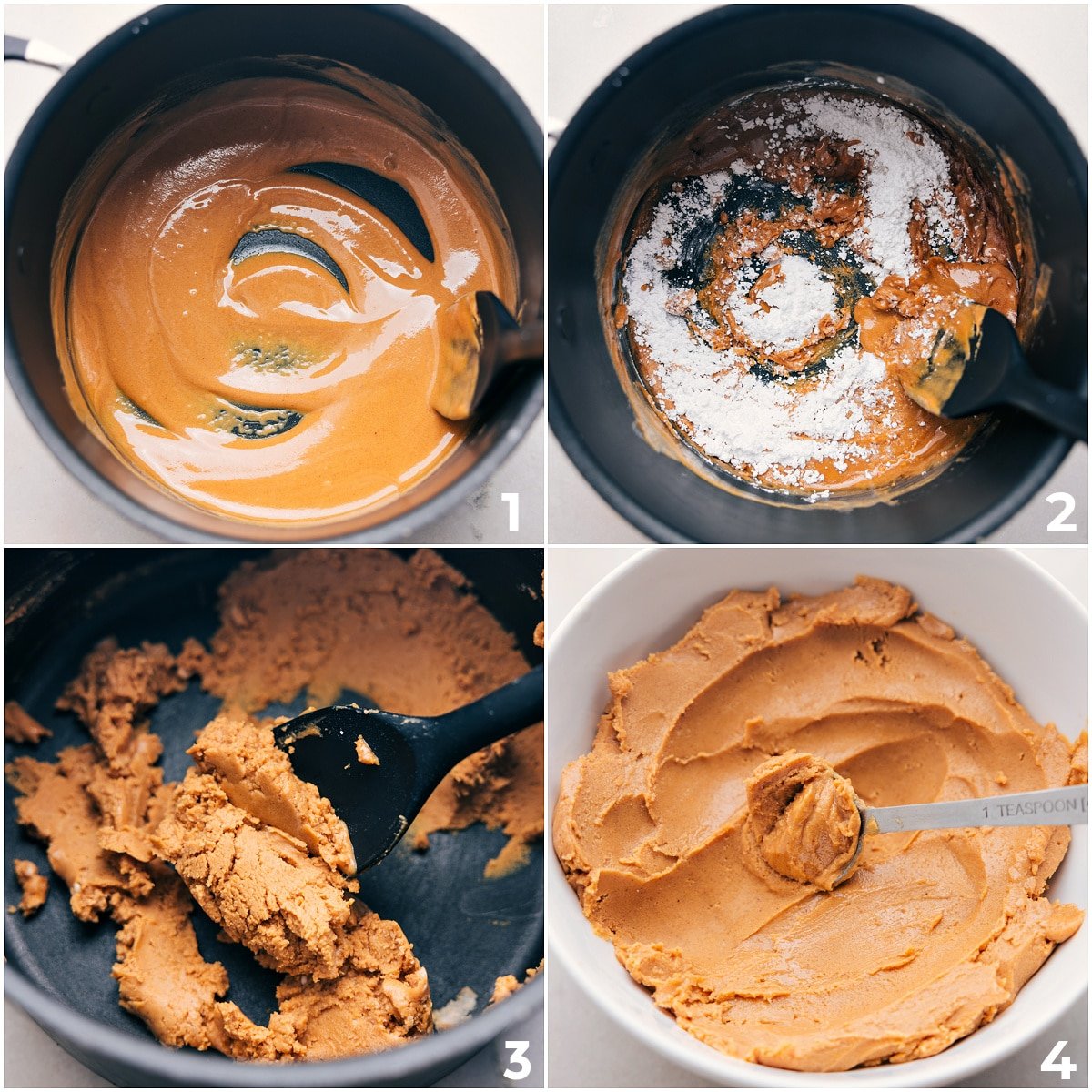 The peanut butter filling being made in a pot for these Homemade Peanut Butter Cups.