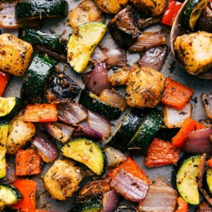 Baked Gnocchi with vegetables, still on the sheet pan, fresh out of the oven.