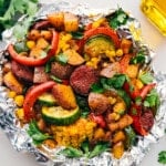 Tin Foil Sausage and Veggies Dinner fresh off the grill ready to be enjoyed.