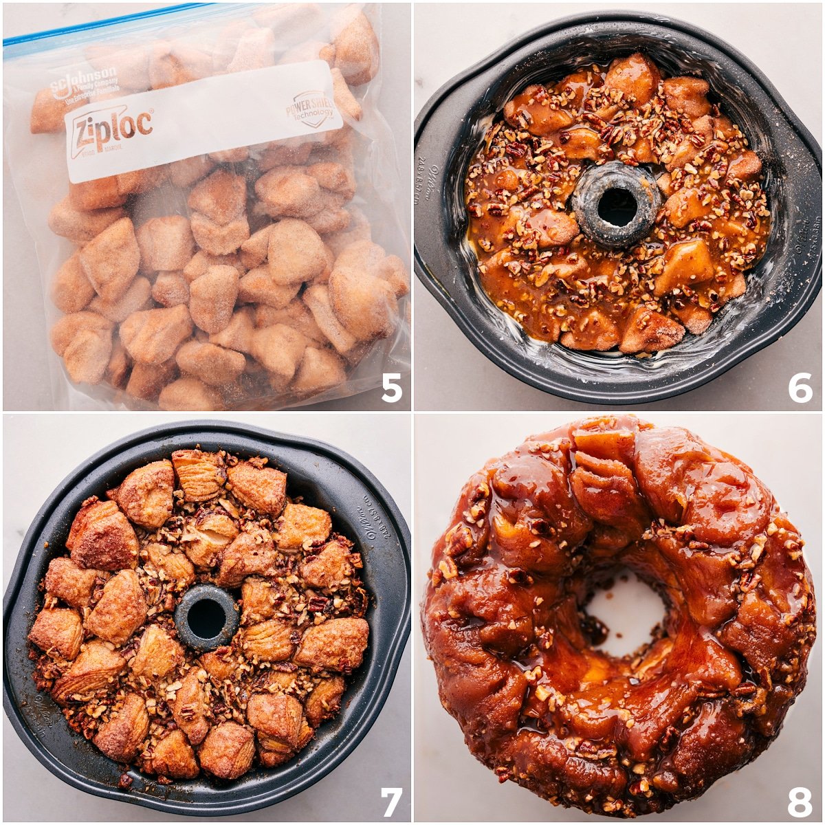 Mix biscuits with sugar and layer everything into a bundt pan over the pecan topping.