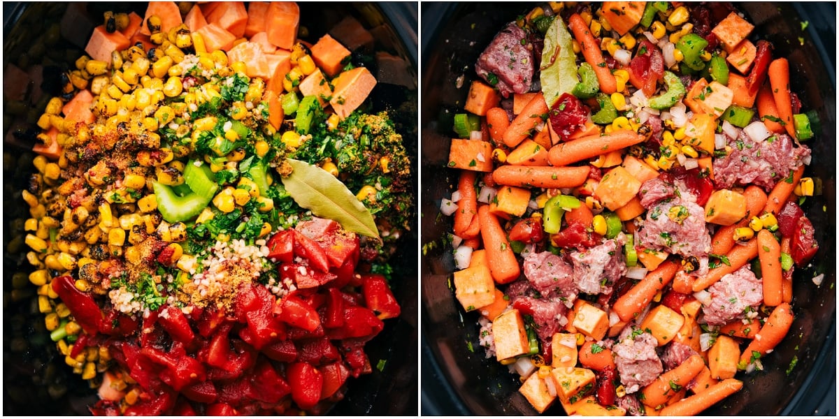 Tossing all the ingredients in the crockpot to cook.