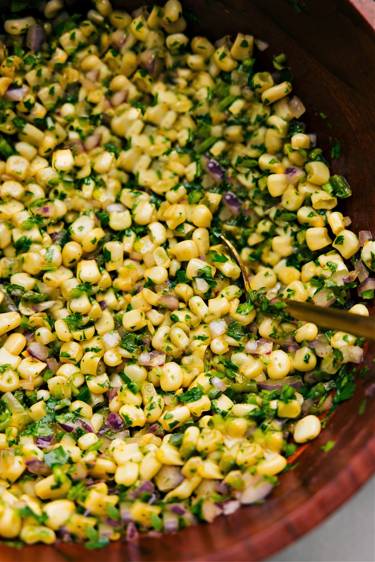 Up close photo of Chipotle Corn Salsa with spoon in it