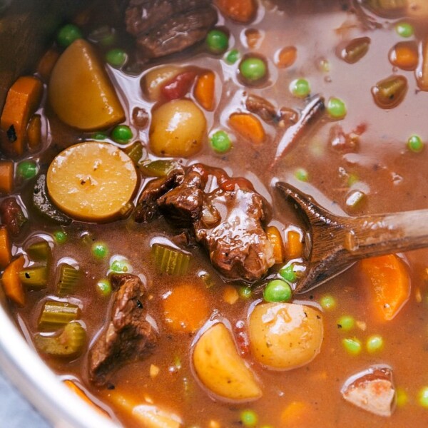 Delicious and hearty beef stew instant pot recipe being stirred before serving.