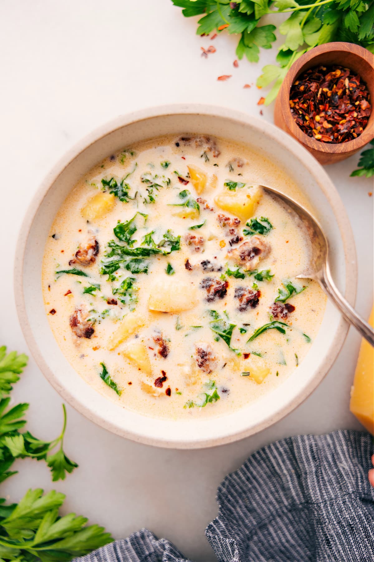 A big bowl of Zuppa Toscana Soup, ready to enjoy.