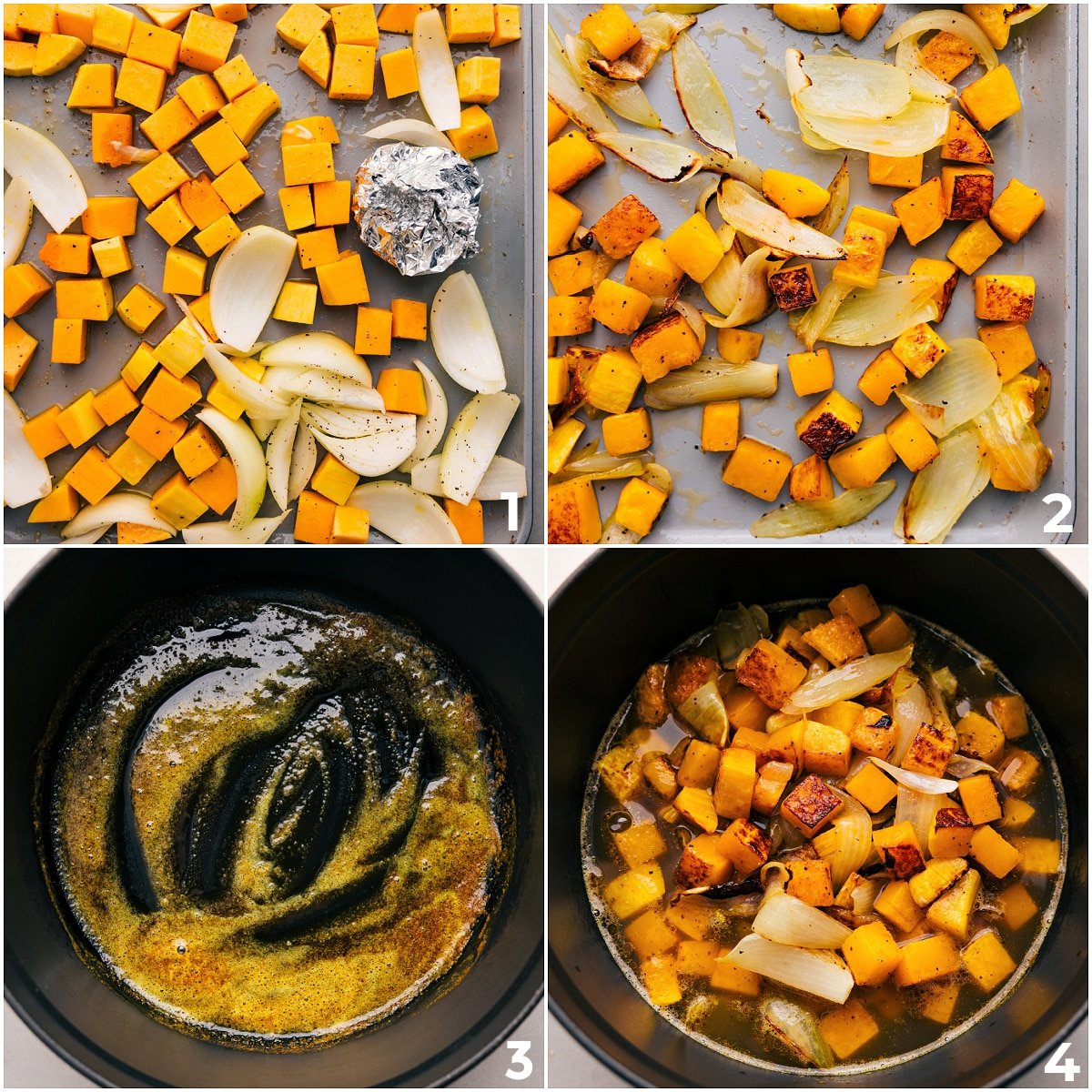 Roast butternut squash, onions, and garlic on a sheet pan, then add them to the pot for this butternut squash soup.