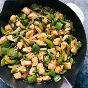 Black pepper chicken in a pan, savory and delicious, ready to be served.