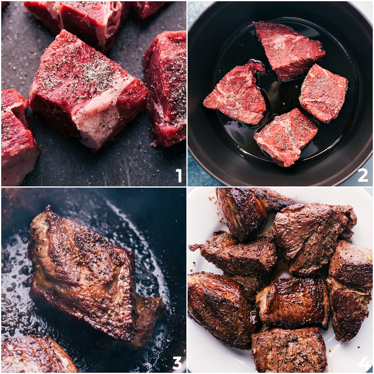 Sear the beef in a pot, then add it to the slow cooker.