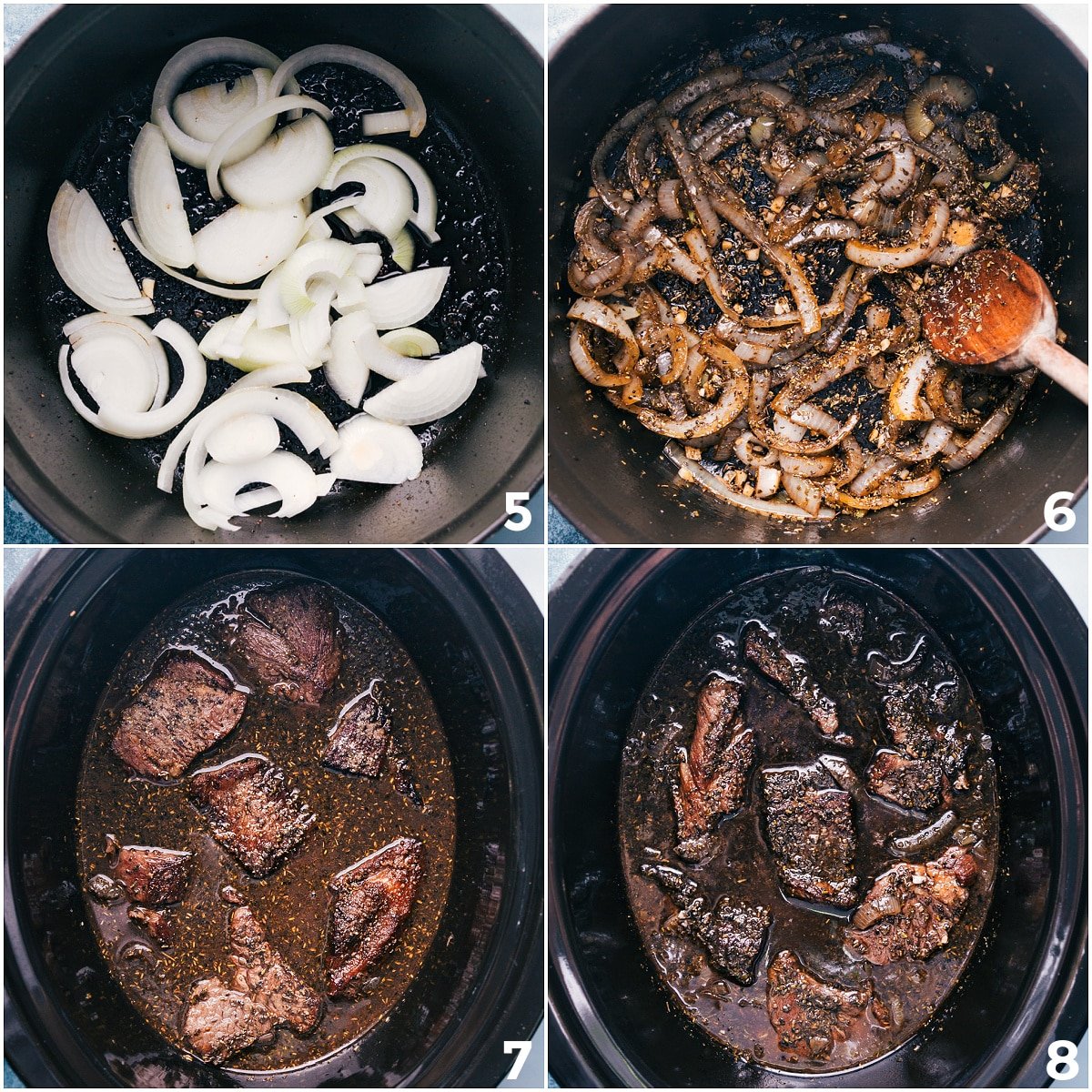 Sauté the onions and garlic, then add them to the slow cooker with the beef and broth.