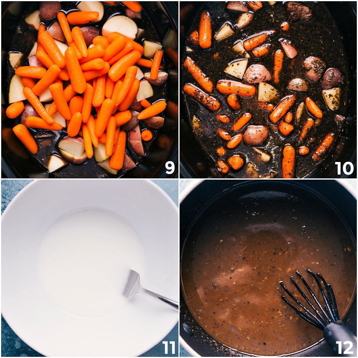 Add carrots and potatoes, then prepare the slurry/broth and pour it into the slow cooker.