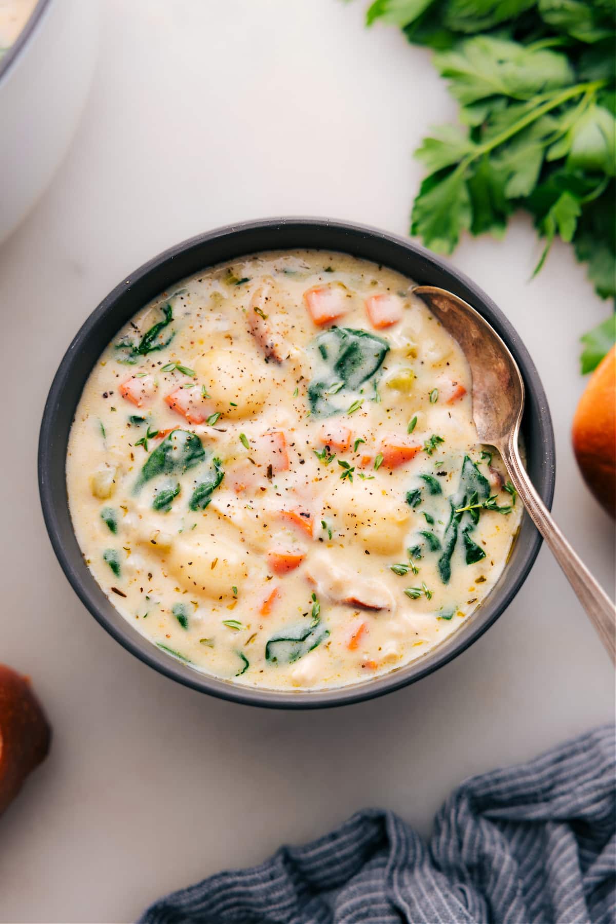 Chicken Gnocchi Soup in a bowl, ready to be enjoyed.