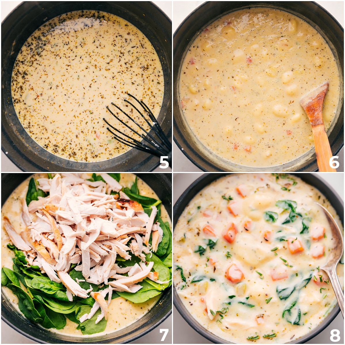 Add the cream, gnocchi, chicken, and spinach to the pot, and cook everything together before serving.