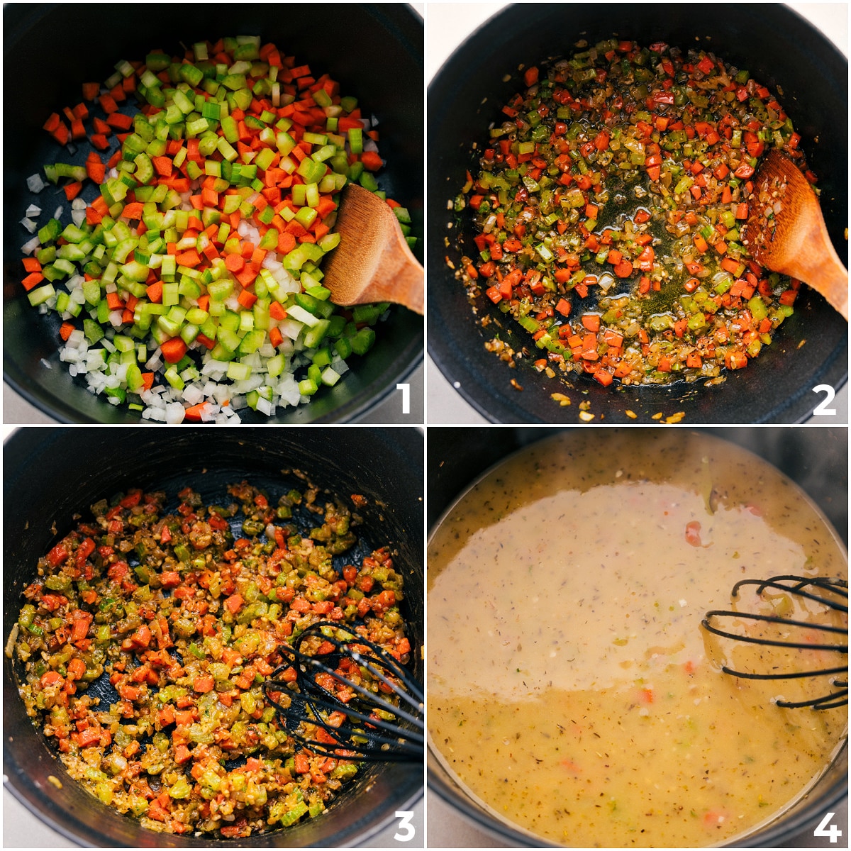 Sauté the veggies, then add the seasonings and broth, allowing everything to cook together.