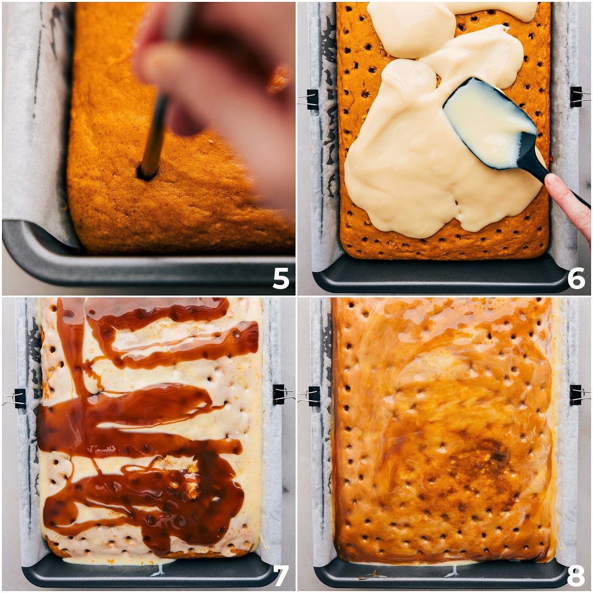 Push the holes into the cake, then spread the topping over it so it falls into the holes.