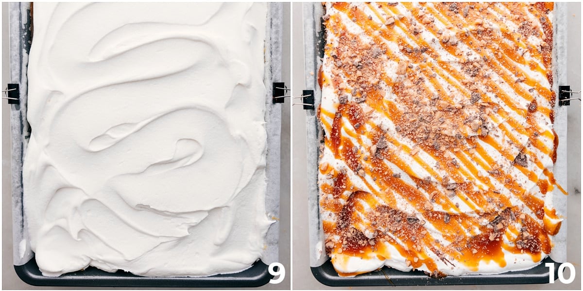 Add the whipped cream, caramel, and toffee bits on top.