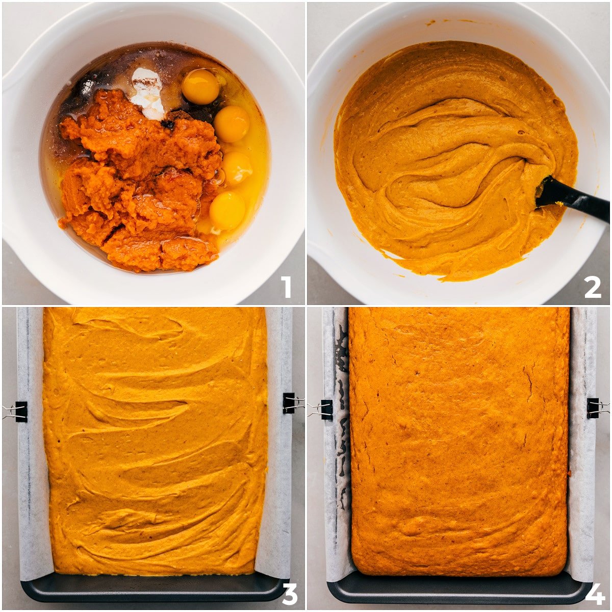 Mix all the ingredients in one bowl, spread into a pan, and bake for this pumpkin poke cake.