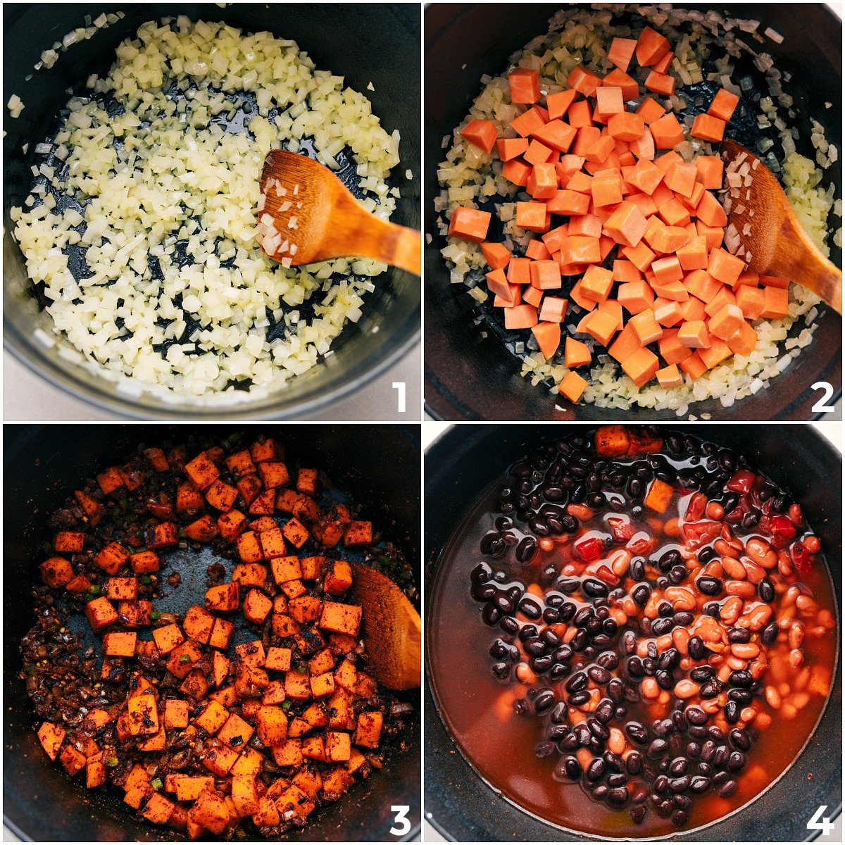 First, sauté the onions, then cook the sweet potatoes with the seasonings. Finally, add the beans, tomatoes, and broth for the sweet potato chili.