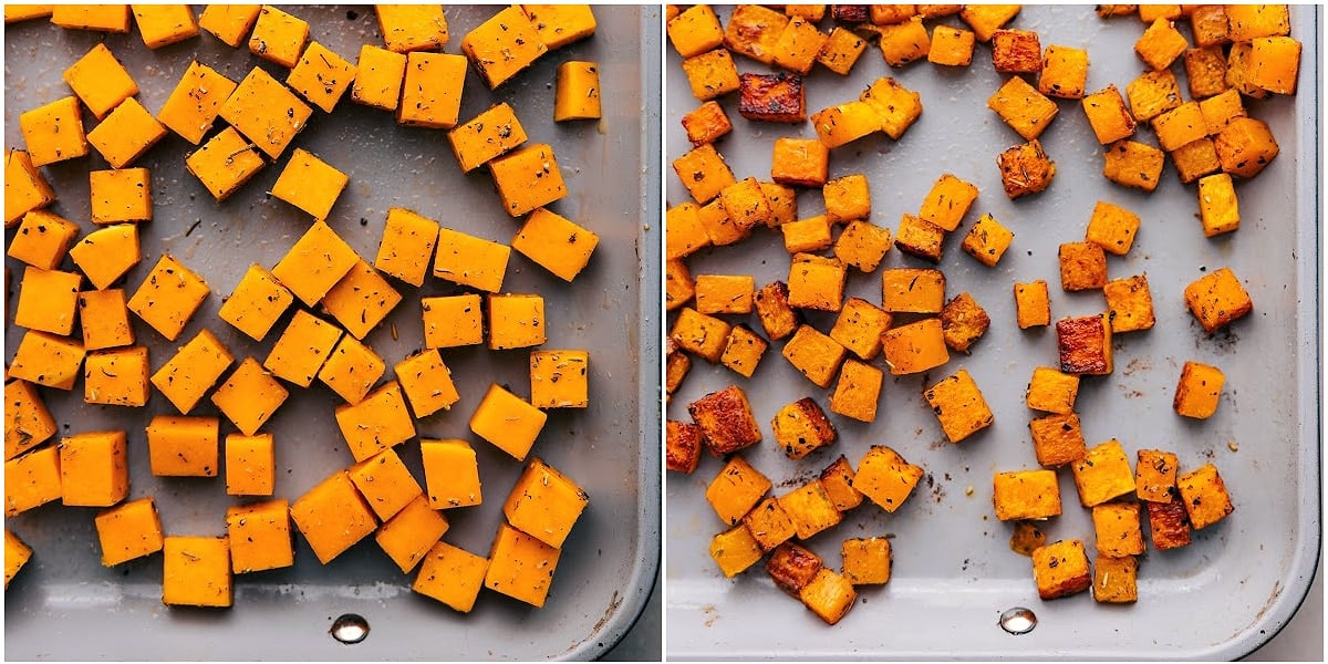 The butternut squash roasts and cooks for this Thanksgiving salad.