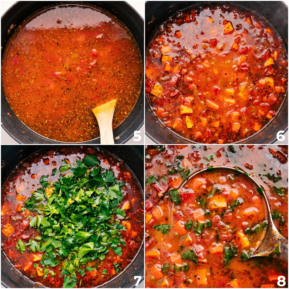 The broth goes in, everything simmers together, and fresh herbs are added.