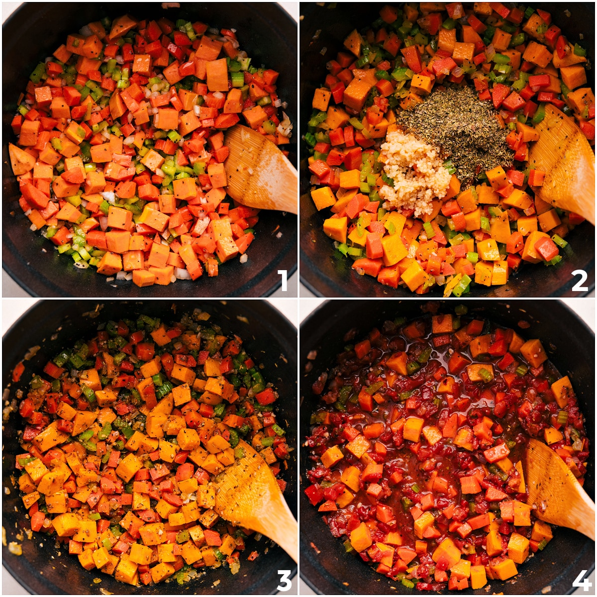 The veggies sautéing, followed by garlic and seasonings, then crushed tomatoes, all cooking together for this vegetable soup recipe.