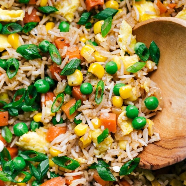 A plate of fried rice, showcasing the texture and mix of ingredients.