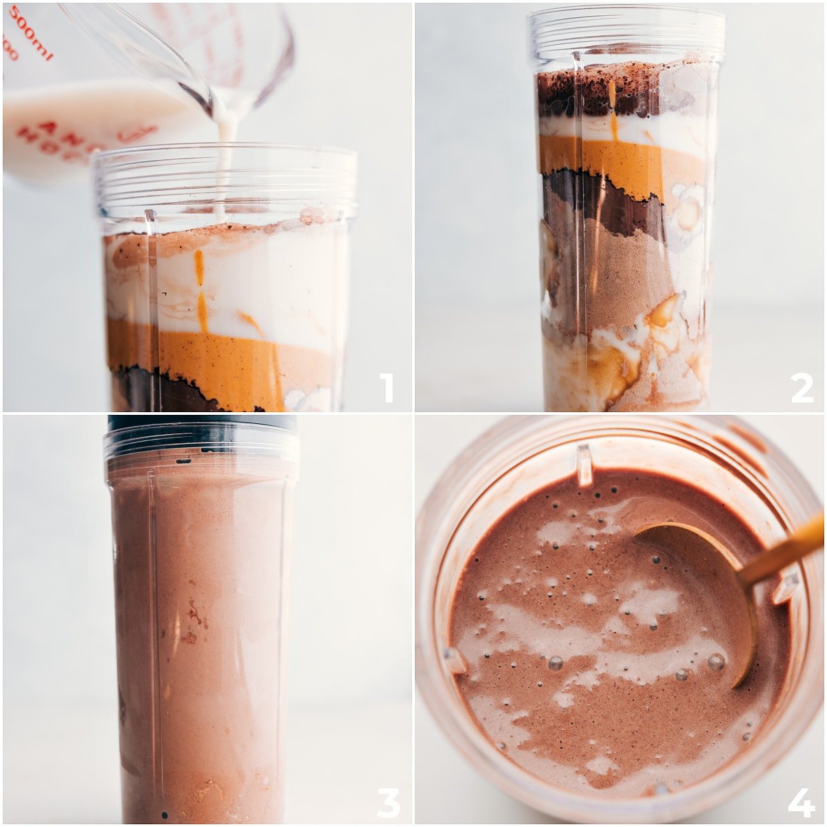 All the ingredients in this peanut butter protein shake added to a blender and it all being blended together for a creamy, delicious, high protein snack.