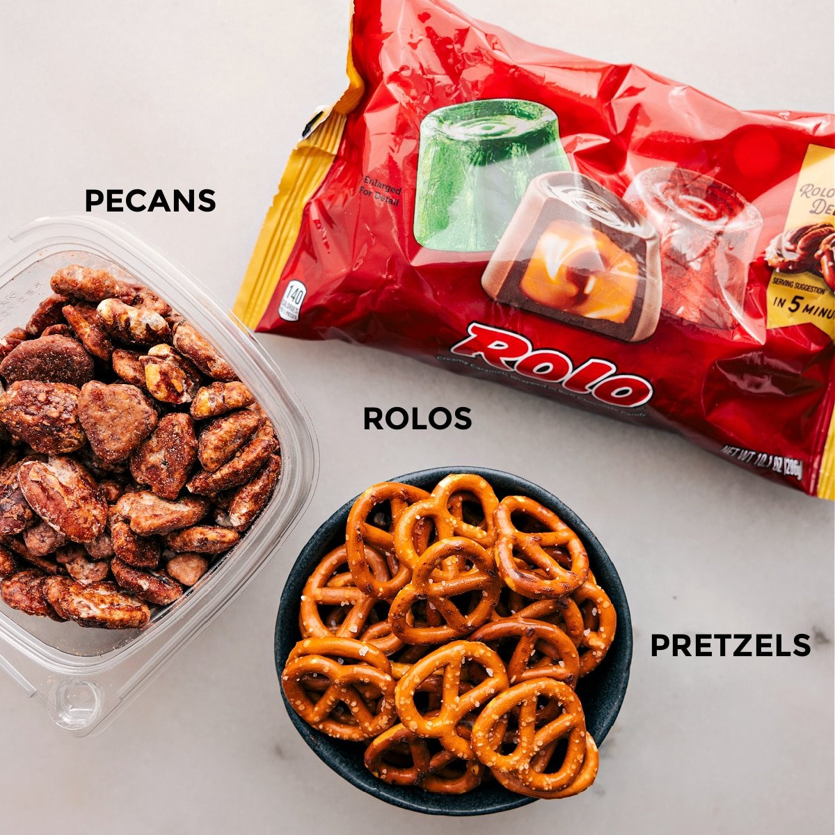 This recipe uses just 3 ingredients—Rolos, pretzels, and pecans—all prepped for easy assembly!