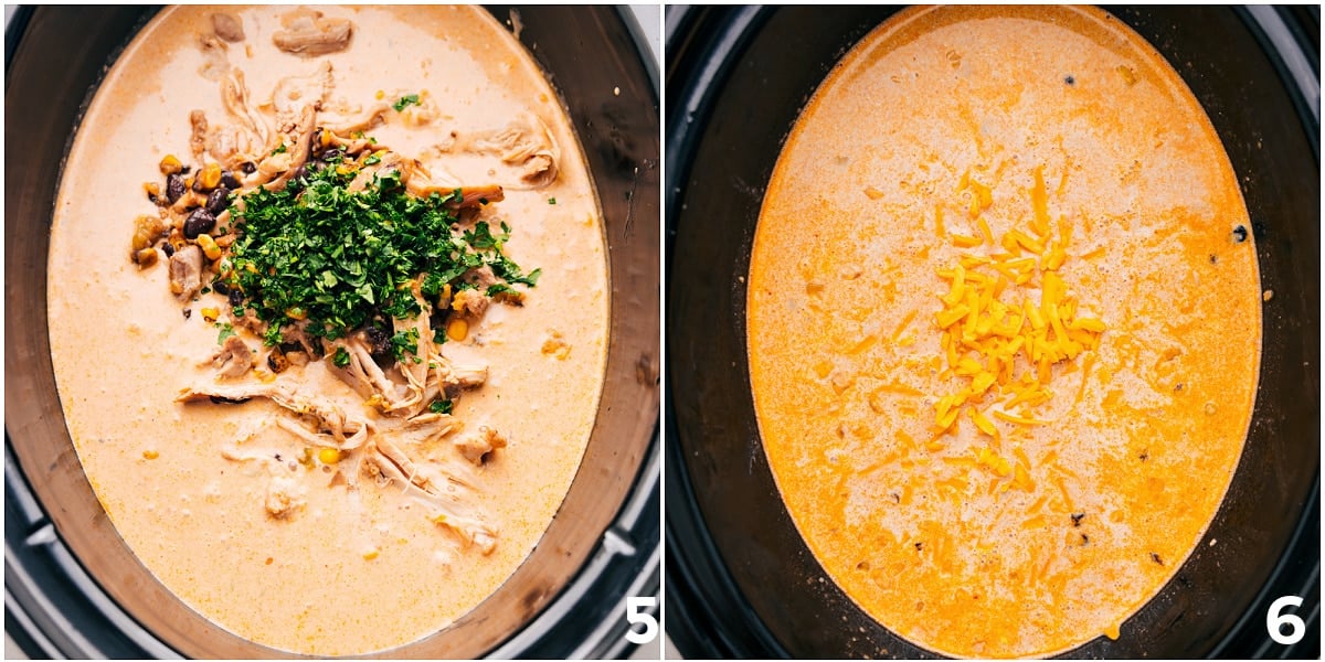 Add the chicken back into the crockpot with cheese and fresh herbs.