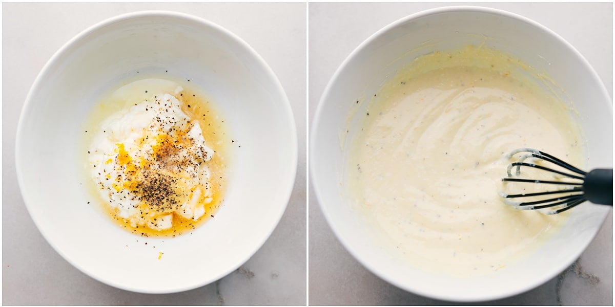 The dressing for this Healthy Chicken Salad Recipe being whisked together in a bowl.