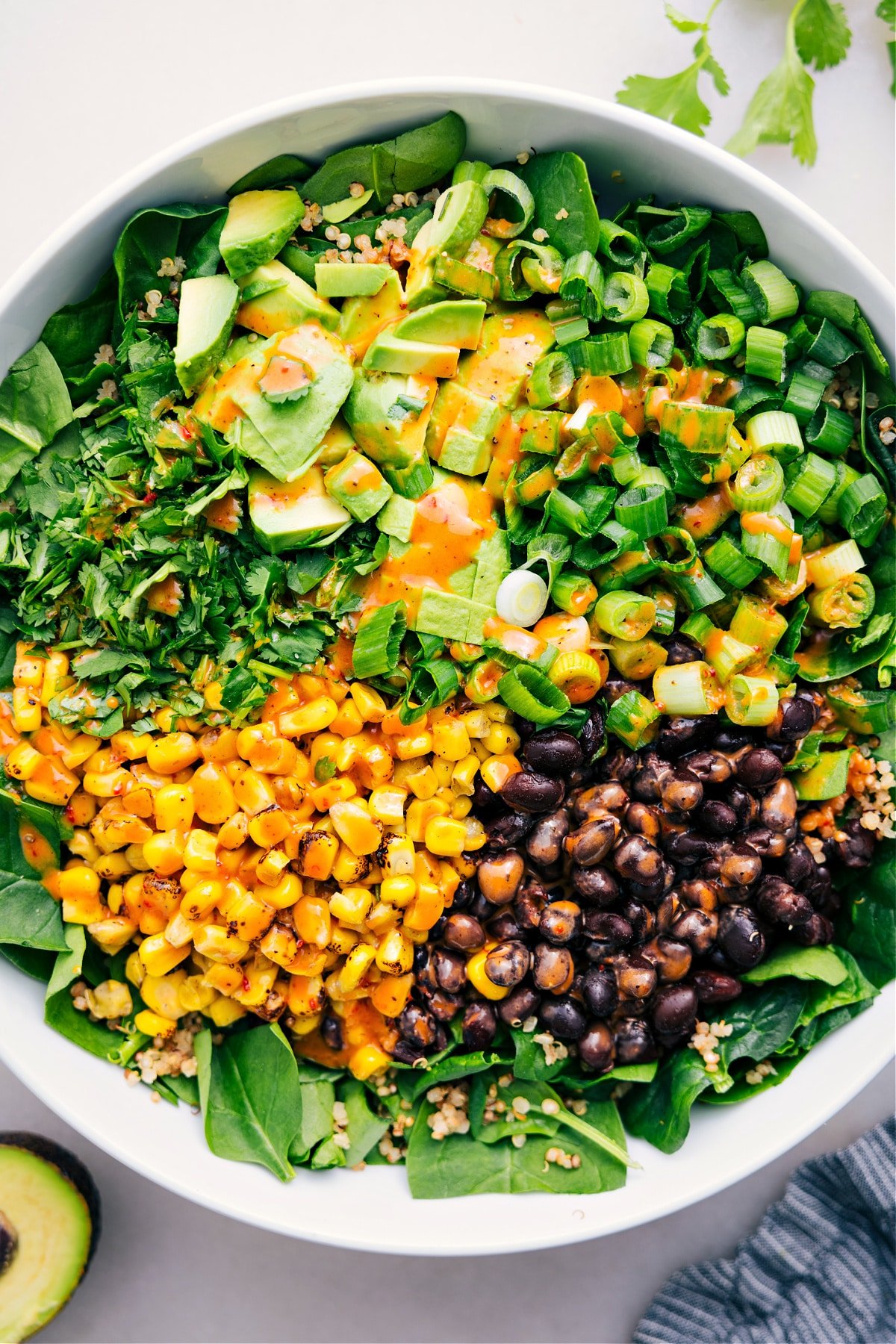 Quinoa Corn Salad in a bowl with a drizzle of dressing.