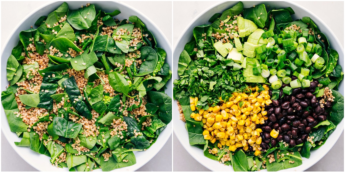 Quinoa tossed with spinach then the rest of ingredients added on top.