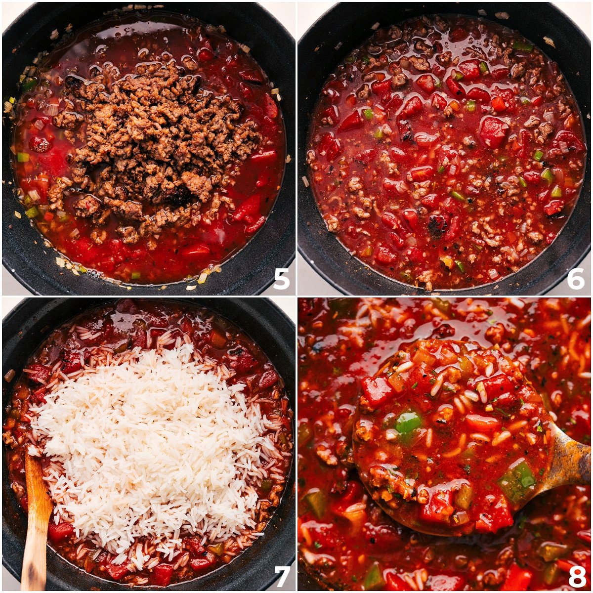 The meat and rice being added into the pot and a big scoop coming out.