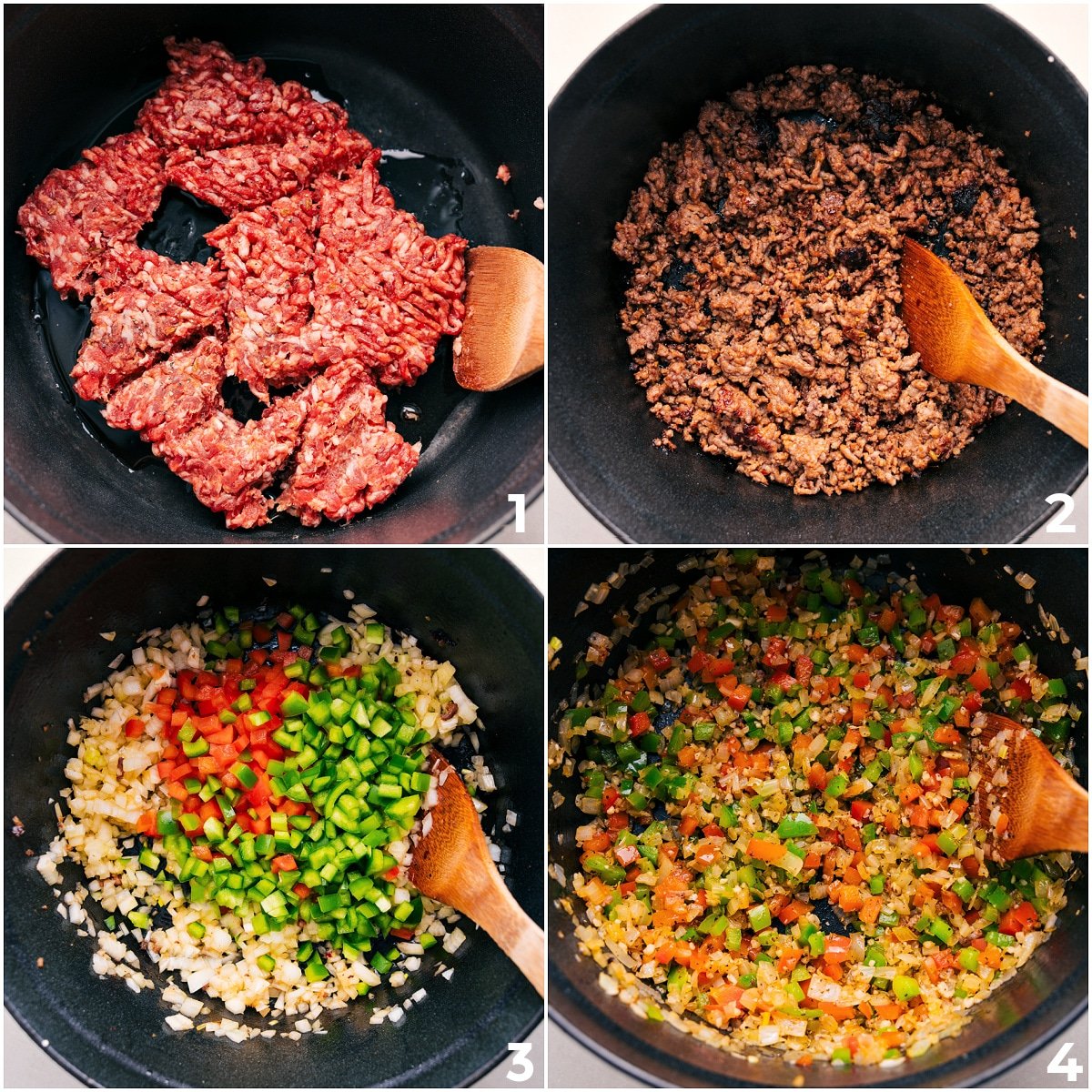 Browning the meat and sautéing the veggies for this stuffed pepper soup recipe.