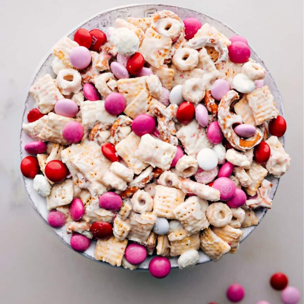 Valentine Snack Mix in a bowl.