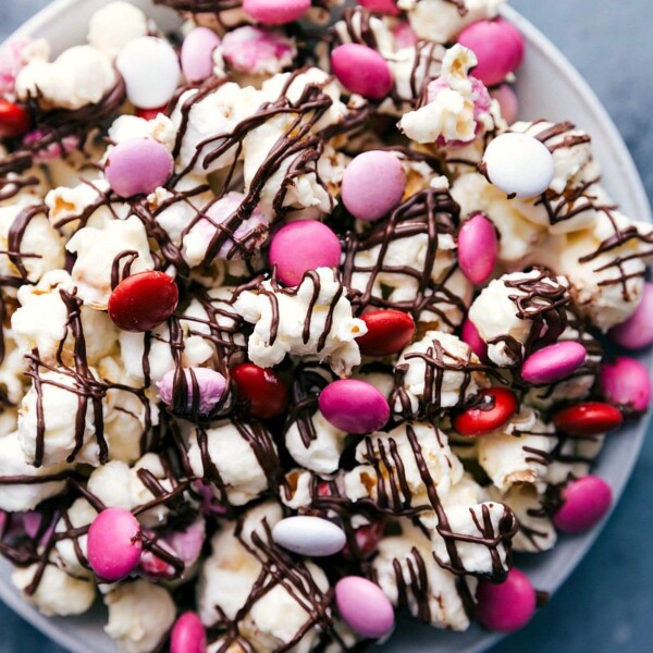 Bowl of valentine's popcorn, a sweet treat ready to be enjoyed.