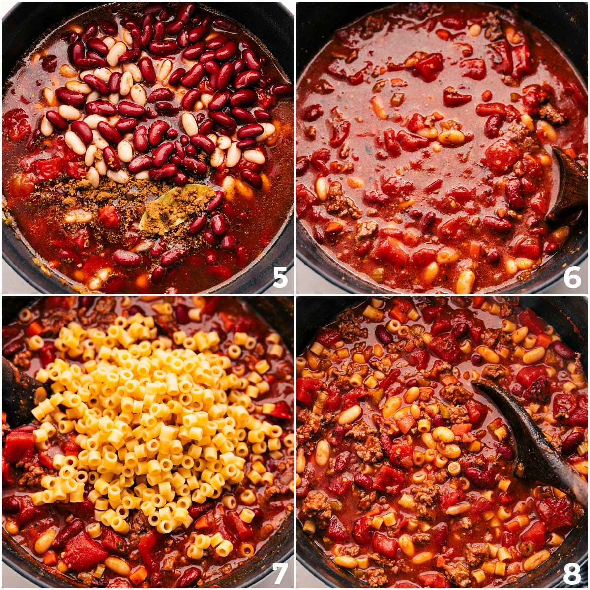 Beans, additional seasonings, and pasta are added to the pot and mixed together.